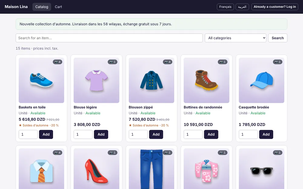 Catalog of a Facturelle online store: items with photos, prices including tax, promotion and availability