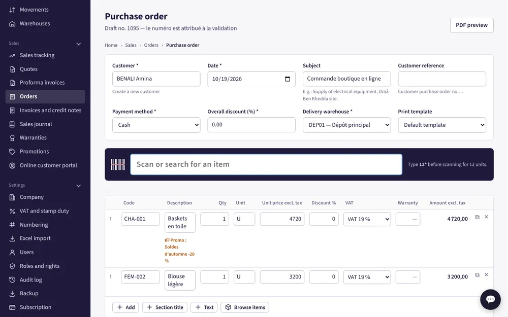 Order received from the online store as a draft, with the promotion applied and the Validate button