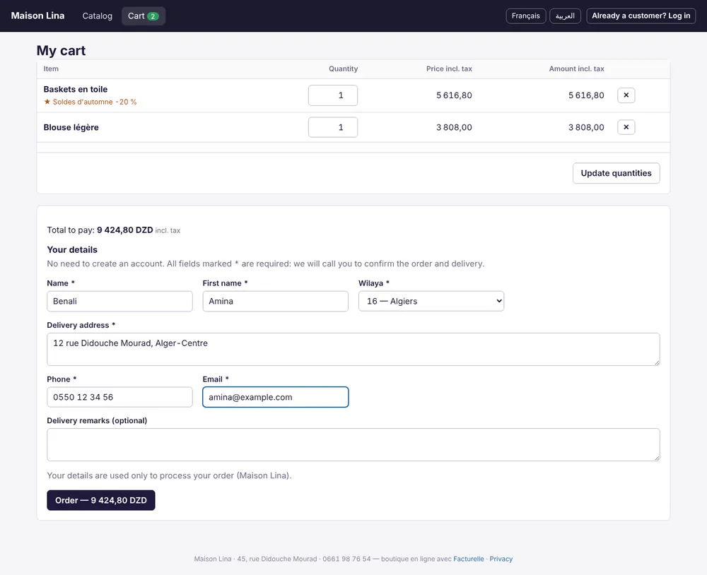 Cart and checkout form without an account: last name, first name, wilaya, address, phone and e-mail