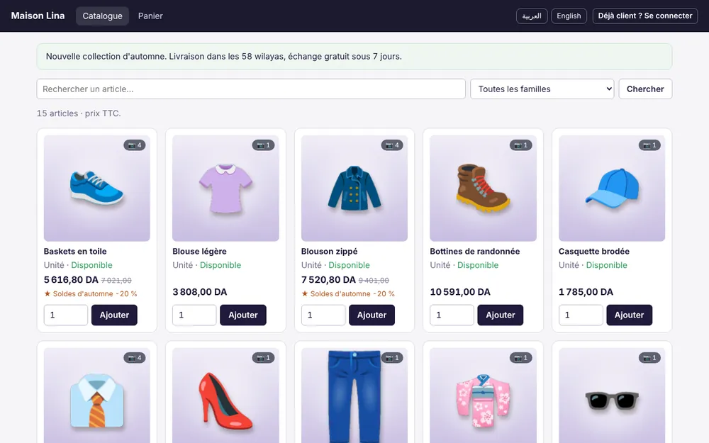 Catalogue d'une boutique en ligne Facturelle : articles avec photos, prix TTC, promotion et disponibilité