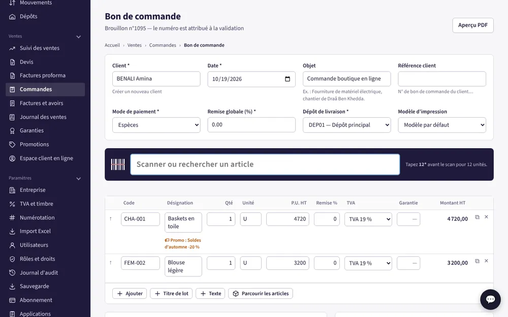 Bon de commande reçu depuis la boutique en ligne, en brouillon, avec la promotion appliquée et le bouton Valider