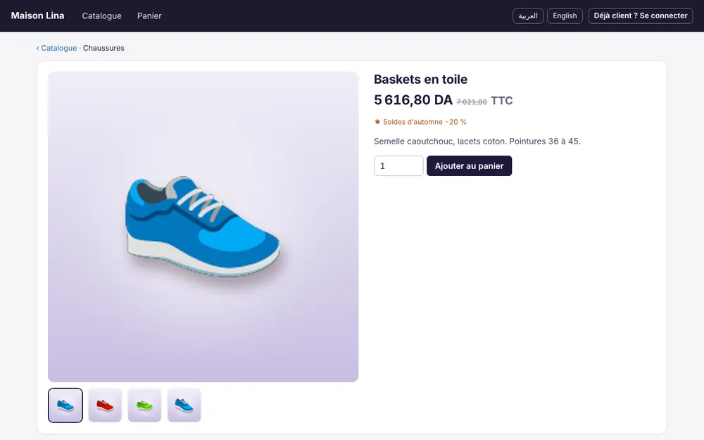 Fiche article d'une boutique en ligne Facturelle avec galerie photos, prix barré en promotion et bouton Ajouter au panier