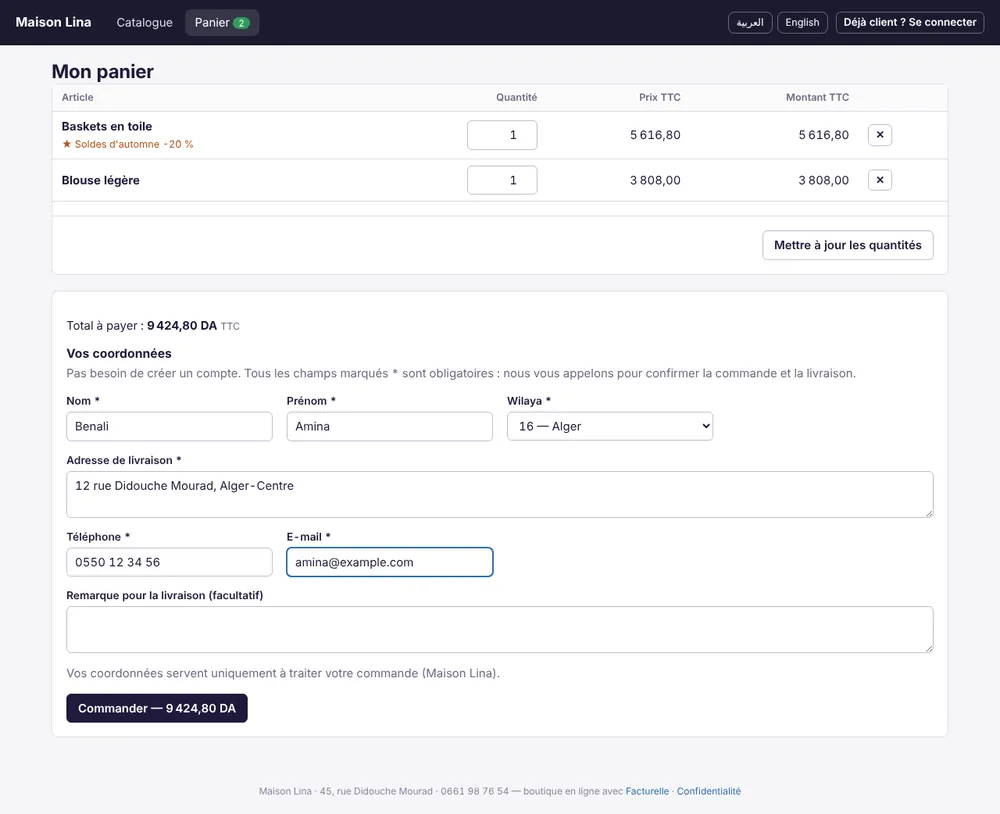 Panier et formulaire de commande sans compte : nom, prénom, wilaya, adresse, téléphone et e-mail