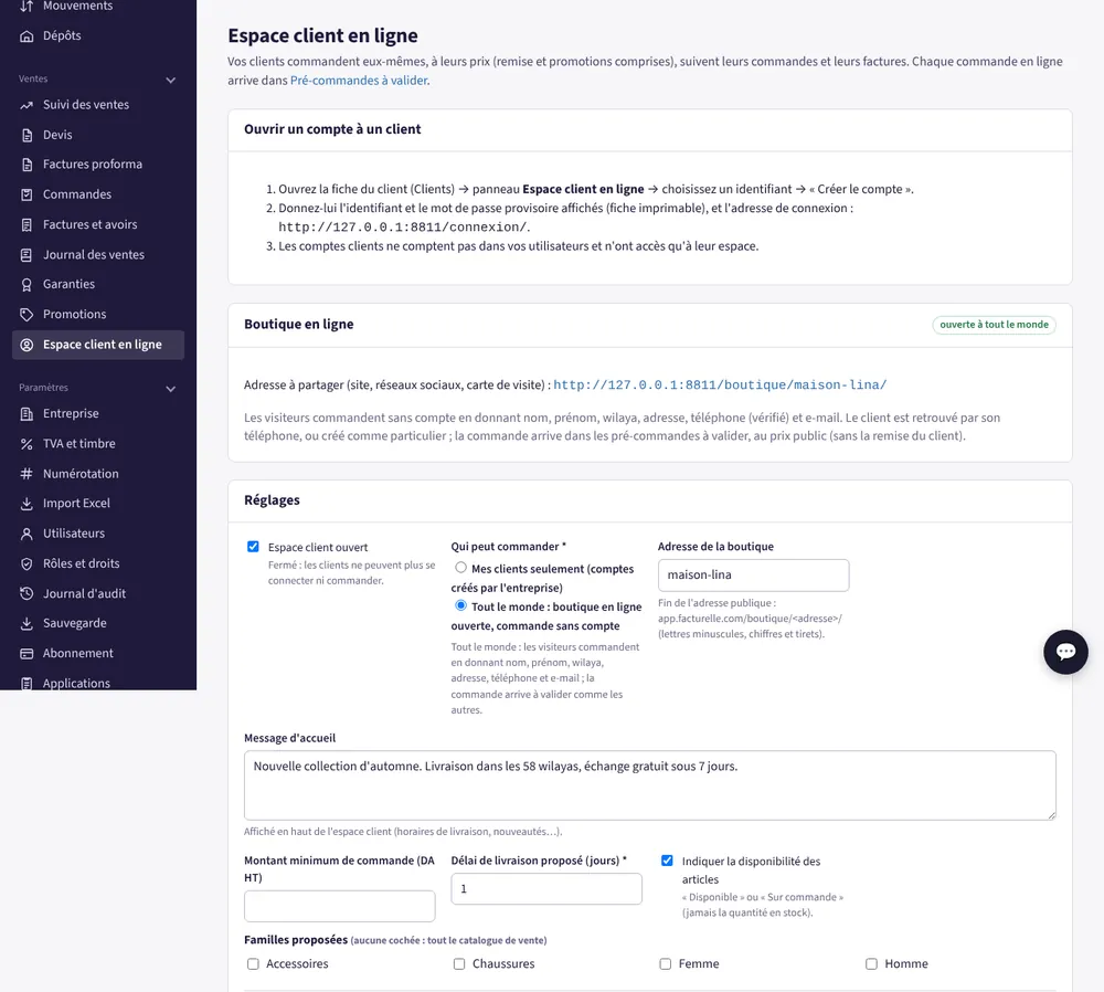Écran Espace client en ligne de Facturelle : ouverture de la boutique, adresse, message d'accueil, minimum de commande et délai de livraison
